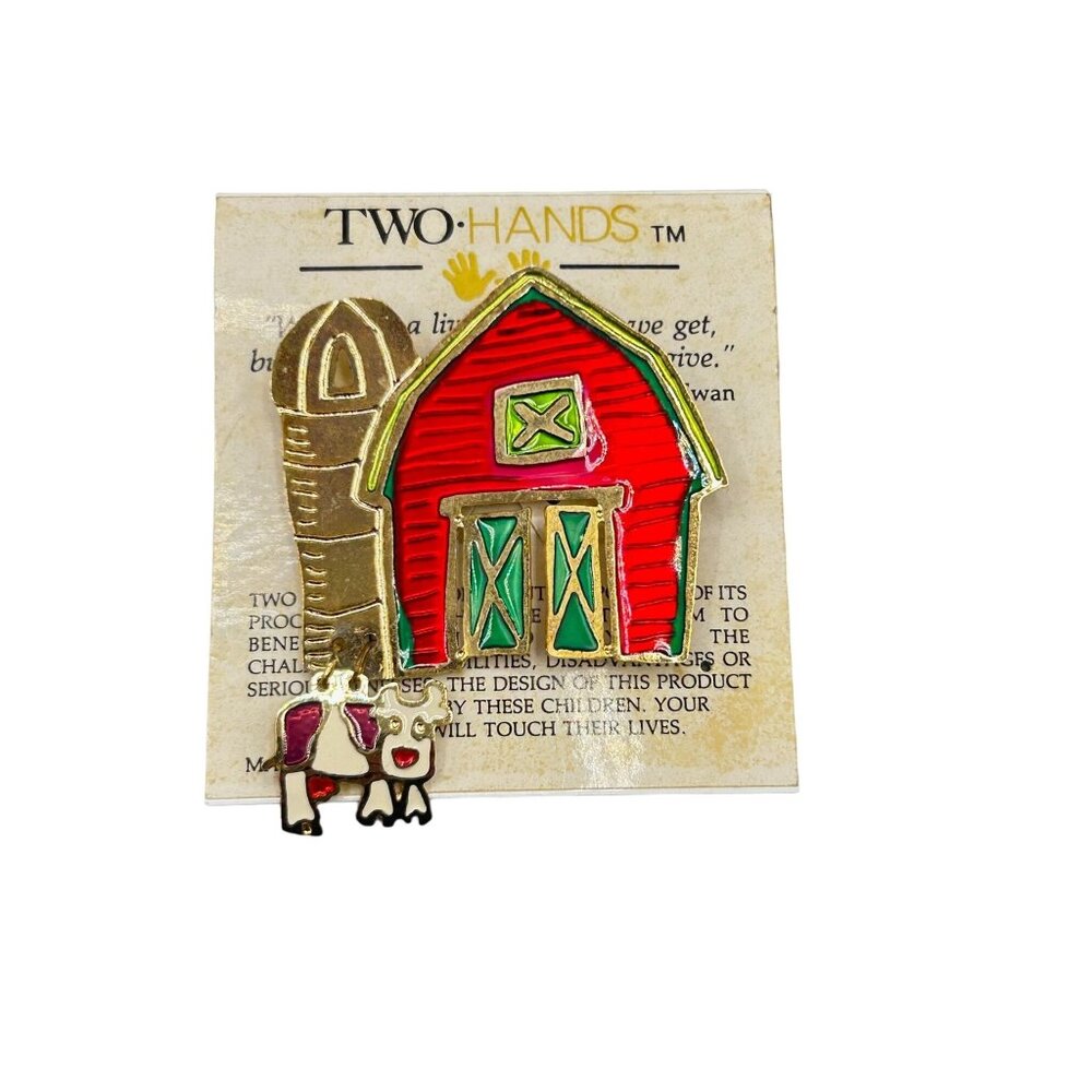 Vintage Red Barn & Cow Brooch Pin New Old Stock Two Hands Brand Farm House Pin